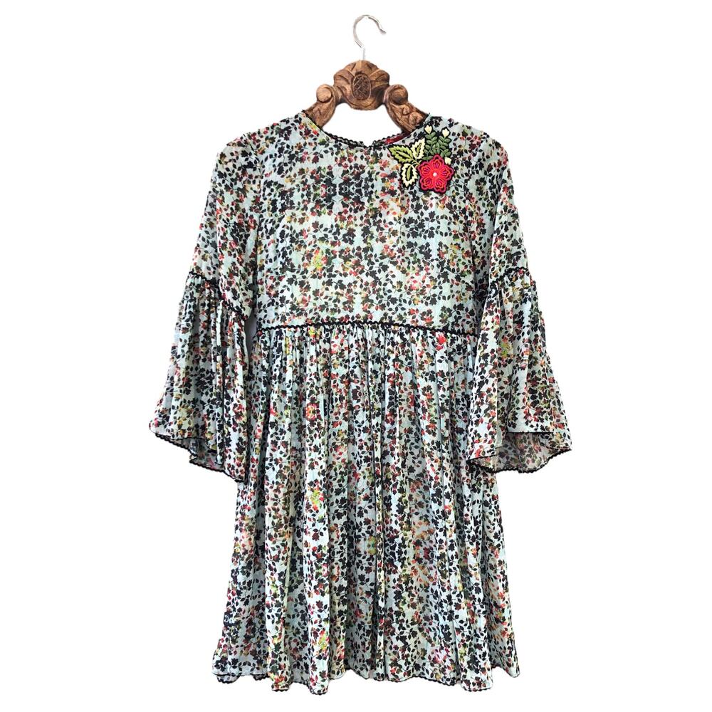 Anthropologie Bhanuni Jyoti Dress Bell Sleeve A Line Floral Embroidered Boho 4